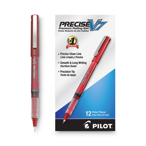 Precise V7 Roller Ball Pen, Stick, Fine 0.7 mm, Red Ink, Red/Clear Barrel, Dozen