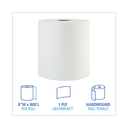 Image of Boardwalk® Hardwound Paper Towels, 1-Ply, 8" X 800 Ft, White, 6 Rolls/Carton