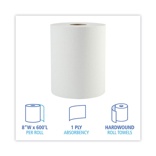 Image of Hardwound Paper Towels, 1-Ply, 8" x 600 ft, White, 2" Core, 12 Rolls/Carton
