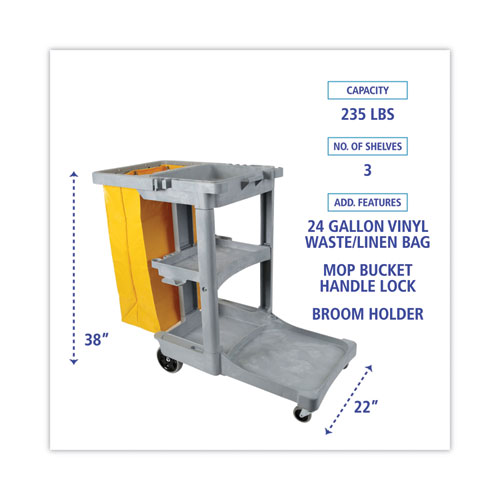 Image of Boardwalk® Janitor'S Cart, Plastic, 4 Shelves, 1 Bin, 22" X 44" X 38", Gray