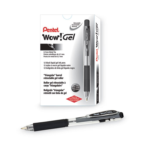 Image of Pentel® Wow! Gel Pen, Retractable, Medium 0.7 Mm, Black Ink, Clear/Black Barrel, Dozen