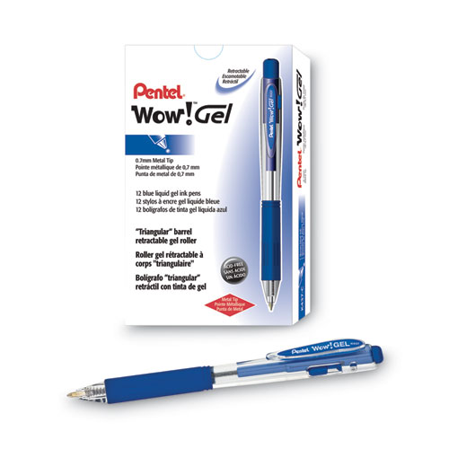 Image of Pentel® Wow! Gel Pen, Retractable, Medium 0.7 Mm, Blue Ink, Clear/Blue Barrel, Dozen