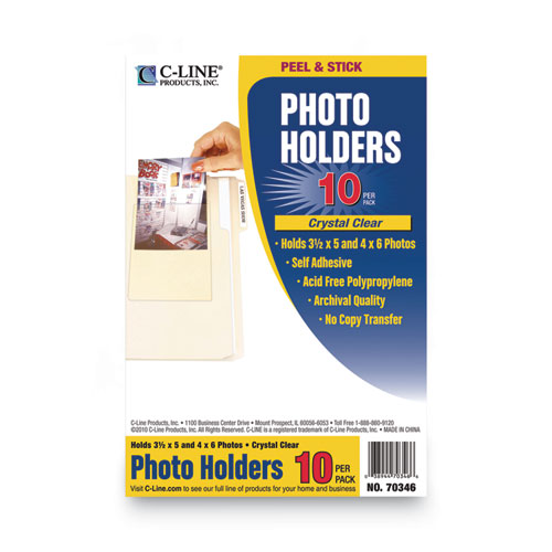 Peel and Stick Photo Holders, 4 3/8 x 6 1/2, Clear, 10/Pack