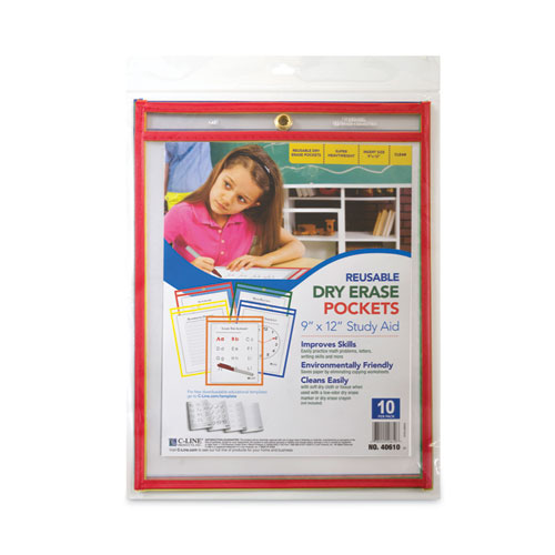 Image of C-Line® Reusable Dry Erase Pockets, 9 X 12, Assorted Primary Colors, 10/Pack