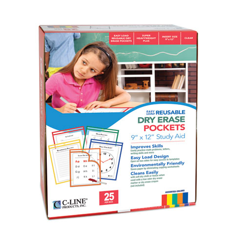 Reusable Dry Erase Pockets, Easy Load, 9 x 12, Assorted Primary Colors, 25/Pack