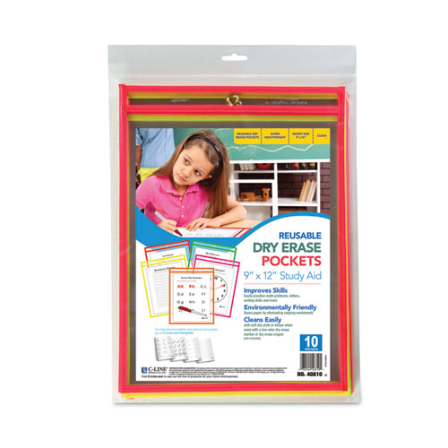 Image of C-Line® Reusable Dry Erase Pockets, 9 X 12, Assorted Neon Colors, 10/Pack