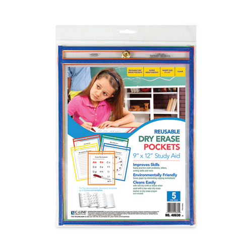 Image of C-Line® Reusable Dry Erase Pockets, 9 X 12, Assorted Primary Colors, 5/Pack