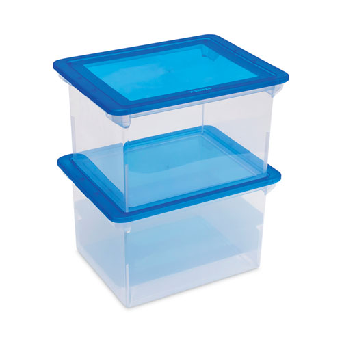 Image of Storex Plastic File Tote, Letter/Legal Files, 18.5" X 14.25" X 10.88", Clear/Blue