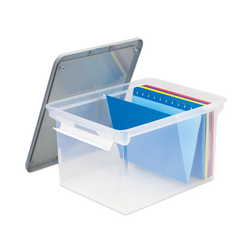 Image of Storex Portable File Tote With Locking Handles, Letter/Legal Files, 18.5" X 14.25" X 10.88", Clear/Silver