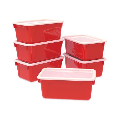 Image of Storex Cubby Bins With Clear Lids, 12.25" X 7.75" X 5.13", Red, 6/Pack