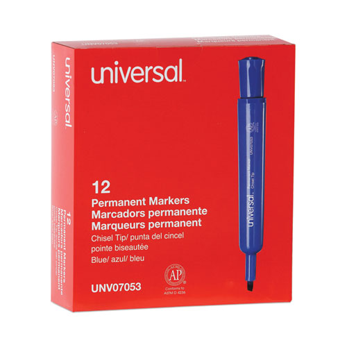 Image of Universal™ Chisel Tip Permanent Marker, Broad Chisel Tip, Blue, Dozen