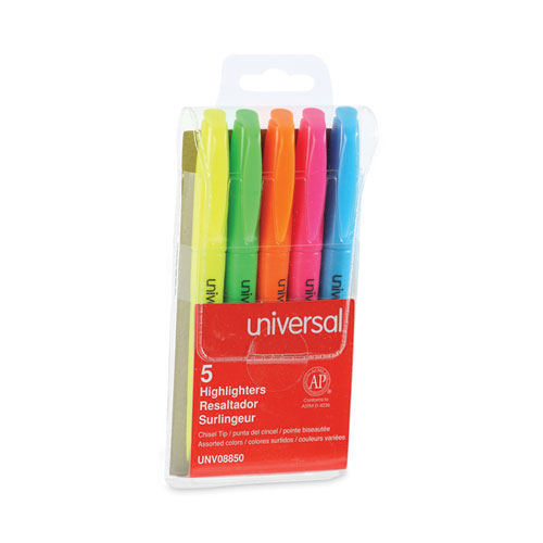 Image of Universal™ Pocket Highlighters, Assorted Ink Colors, Chisel Tip, Assorted Barrel Colors, 5/Set