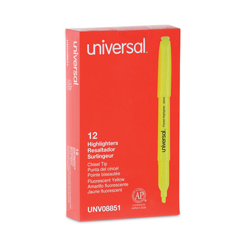 Image of Universal™ Pocket Highlighters, Fluorescent Yellow Ink, Chisel Tip, Yellow Barrel, Dozen