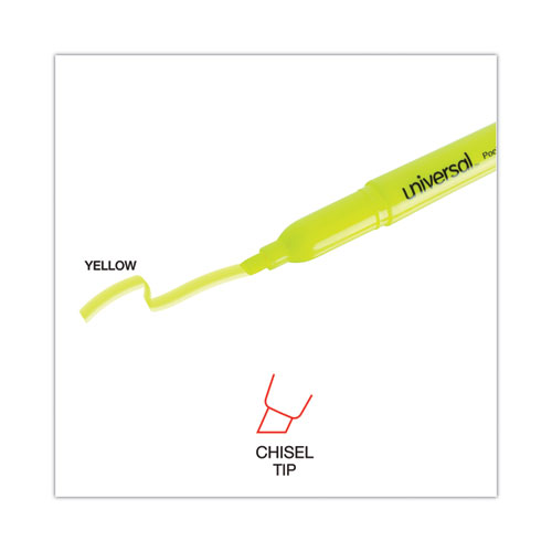 Image of Universal™ Pocket Highlighters, Fluorescent Yellow Ink, Chisel Tip, Yellow Barrel, Dozen
