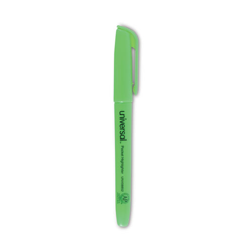 Universal™ Pocket Highlighters, Fluorescent Green Ink, Chisel Tip, Green Barrel, Dozen