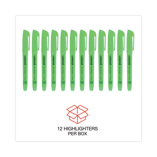Image of Universal™ Pocket Highlighters, Fluorescent Green Ink, Chisel Tip, Green Barrel, Dozen