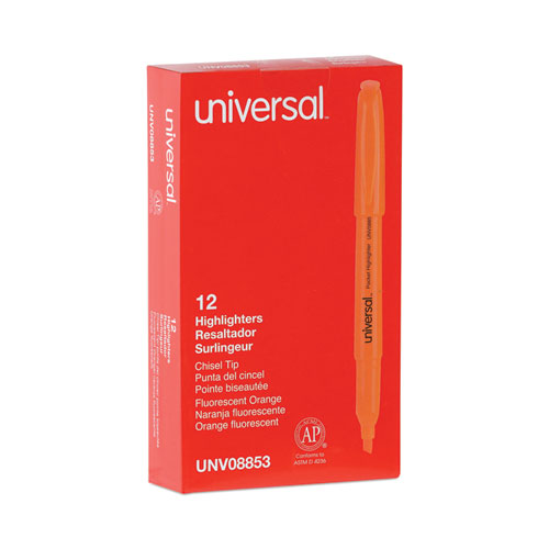 Image of Universal™ Pocket Highlighters, Fluorescent Orange Ink, Chisel Tip, Orange Barrel, Dozen