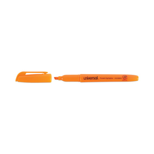 Image of Universal™ Pocket Highlighters, Fluorescent Orange Ink, Chisel Tip, Orange Barrel, Dozen