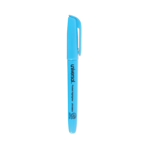 Universal™ Pocket Highlighters, Fluorescent Blue Ink, Chisel Tip, Blue Barrel, Dozen