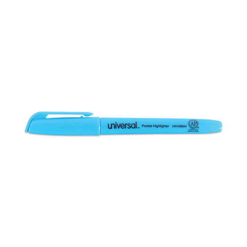 Image of Universal™ Pocket Highlighters, Fluorescent Blue Ink, Chisel Tip, Blue Barrel, Dozen