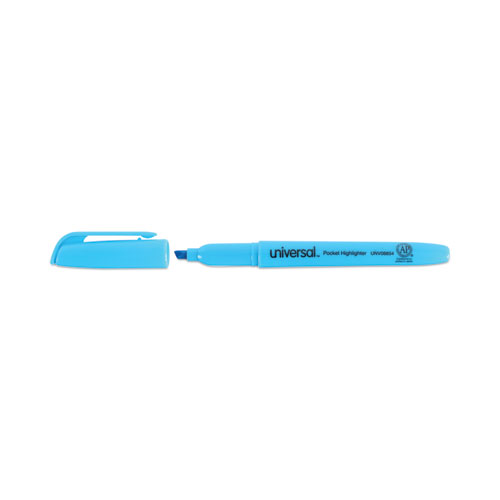 Image of Universal™ Pocket Highlighters, Fluorescent Blue Ink, Chisel Tip, Blue Barrel, Dozen