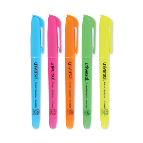 Universal™ Pocket Highlighters, Assorted Ink Colors, Chisel Tip, Assorted Barrel Colors, Dozen