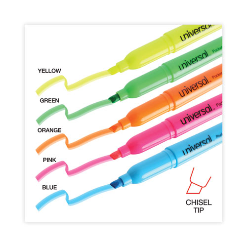 Image of Universal™ Pocket Highlighters, Assorted Ink Colors, Chisel Tip, Assorted Barrel Colors, Dozen
