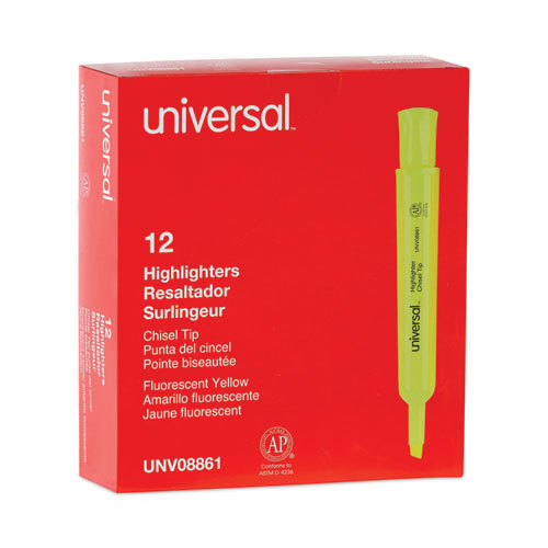 Image of Universal™ Desk Highlighters, Fluorescent Yellow Ink, Chisel Tip, Yellow Barrel, Dozen