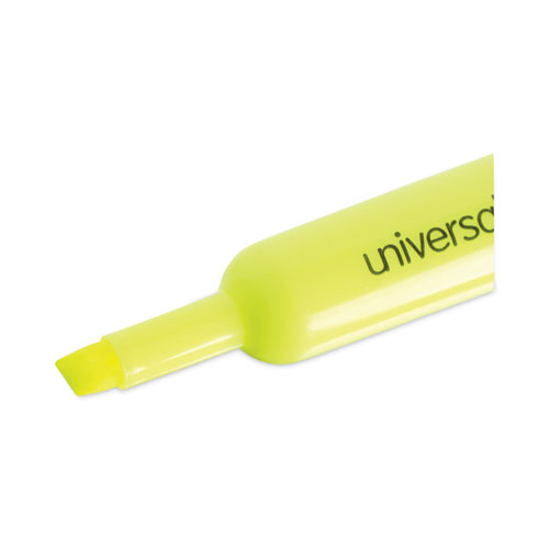 Image of Universal™ Desk Highlighters, Fluorescent Yellow Ink, Chisel Tip, Yellow Barrel, Dozen