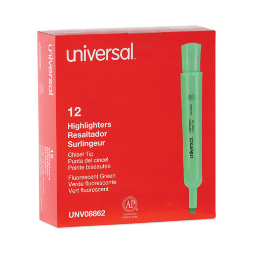 Image of Universal™ Desk Highlighters, Fluorescent Green Ink, Chisel Tip, Green Barrel, Dozen