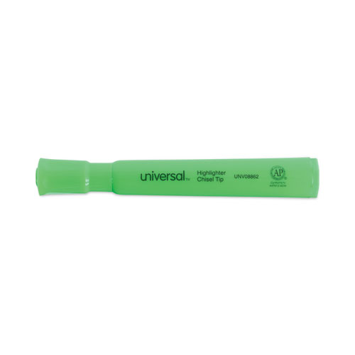 Image of Universal™ Desk Highlighters, Fluorescent Green Ink, Chisel Tip, Green Barrel, Dozen
