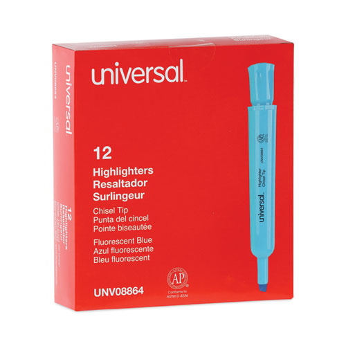 Image of Universal™ Desk Highlighters, Fluorescent Blue Ink, Chisel Tip, Blue Barrel, Dozen