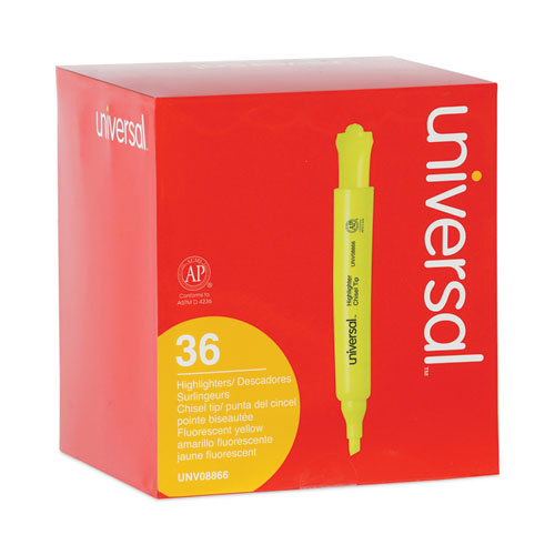 Image of Universal™ Desk Highlighter Value Pack, Fluorescent Yellow Ink, Chisel Tip, Yellow Barrel, 36/Pack