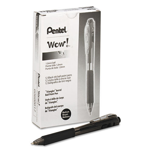 WOW! Retractable Ballpoint Pen, Medium 1 mm, Black Ink/Barrel, Dozen