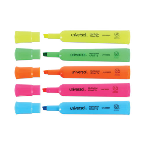 Image of Universal™ Desk Highlighters, Assorted Ink Colors, Chisel Tip, Assorted Barrel Colors, Dozen