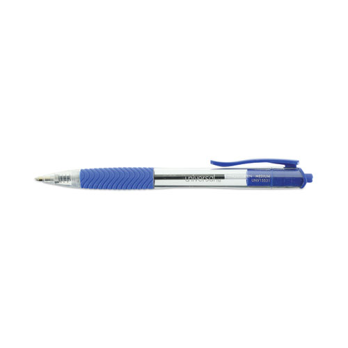Image of Universal™ Comfort Grip Ballpoint Pen, Retractable, Medium 1 Mm, Blue Ink, Clear Barrel, Dozen