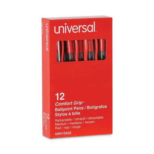 Image of Universal™ Comfort Grip Ballpoint Pen, Retractable, Medium 1 Mm, Red Ink, Clear Barrel, Dozen