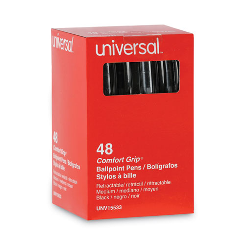 Image of Universal™ Comfort Grip Ballpoint Pen, Retractable, Medium 1 Mm, Black Ink, Clear Barrel, 48/Pack