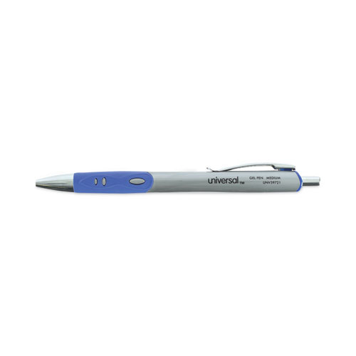 Image of Universal™ Comfort Grip Gel Pen, Retractable, Medium 0.7 Mm, Blue Ink, Silver Barrel, Dozen