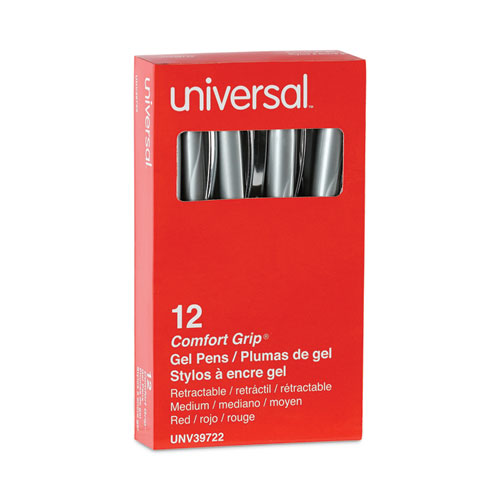 Image of Universal™ Comfort Grip Gel Pen, Retractable, Medium 0.7 Mm, Red Ink, Silver Barrel, Dozen