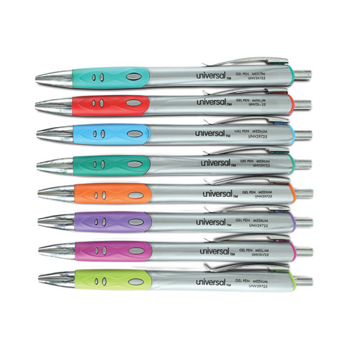 Image of Universal™ Comfort Grip Gel Pen, Retractable, Medium 0.7 Mm, Assorted Ink Colors, Silver Barrel, 8/Pack