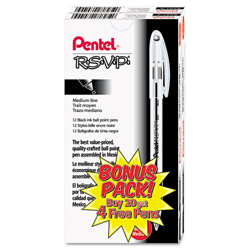 R.S.V.P. Stick Ballpoint Pen Value Pack, 1mm, Black Ink, Clear/Black Barrel, 24/Pack