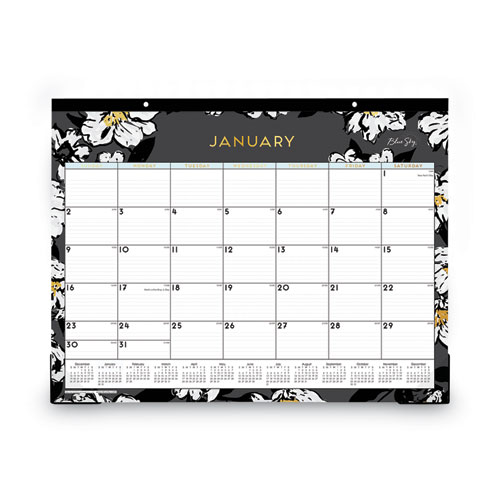 Image of Blue Sky® Baccara Dark Desk Pad, Baccara Dark Floral Artwork, 22 X 17, White/Black Sheets, Black Binding, 12-Month (Jan To Dec): 2024