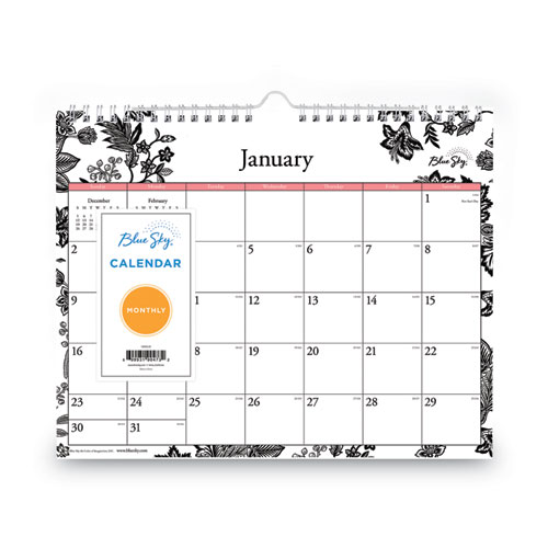 Image of Blue Sky® Analeis Wall Calendar, Analeis Floral Artwork, 11 X 8.75, White/Black/Coral Sheets, 12-Month (Jan To Dec): 2024