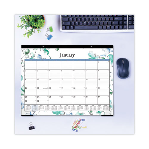 Image of Blue Sky® Lindley Desk Pad, Floral Artwork, 22 X 17, White/Blue/Green Sheets, Black Binding, Clear Corners, 12-Month (Jan-Dec): 2024
