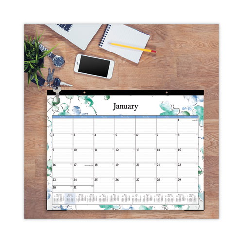 Image of Blue Sky® Lindley Desk Pad, Floral Artwork, 22 X 17, White/Blue/Green Sheets, Black Binding, Clear Corners, 12-Month (Jan-Dec): 2024