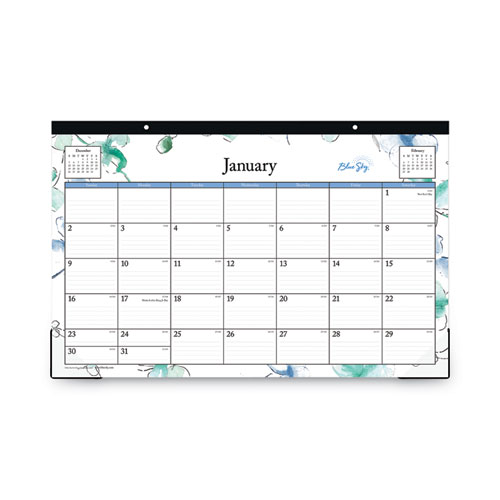 Image of Blue Sky® Lindley Desk Pad, Floral Artwork, 17 X 11, White/Blue/Green Sheets, Black Binding, Clear Corners, 12-Month (Jan-Dec): 2024