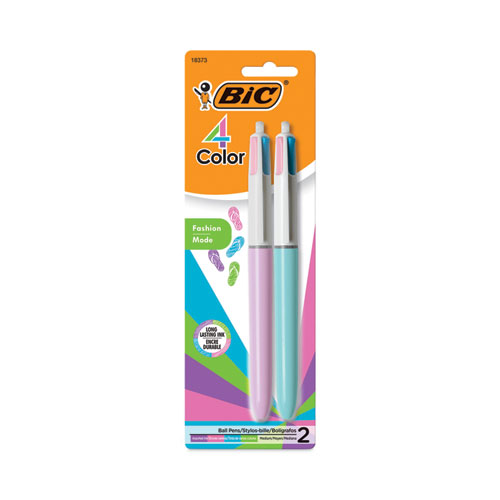 4-Color Multi-Color Ballpoint Pen, Retractable, Medium 1 mm, Lime/Pink/Purple/Turquoise Ink, Assorted Barrel Colors, 2/Pack