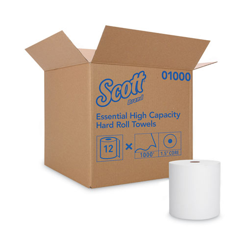 Essential High Capacity Hard Roll Towels for Business, Absorbency Pockets, 1-Ply, 8" x 1,000 ft, 1.5" Core, White,12 Rolls/CT