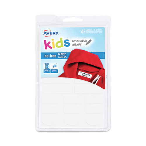 Avery® Avery Kids No-Iron Fabric Labels, Handwrite Only, Assorted Shapes and Sizes, White, 15 Labels/Sheet, 3 Sheets/Pack